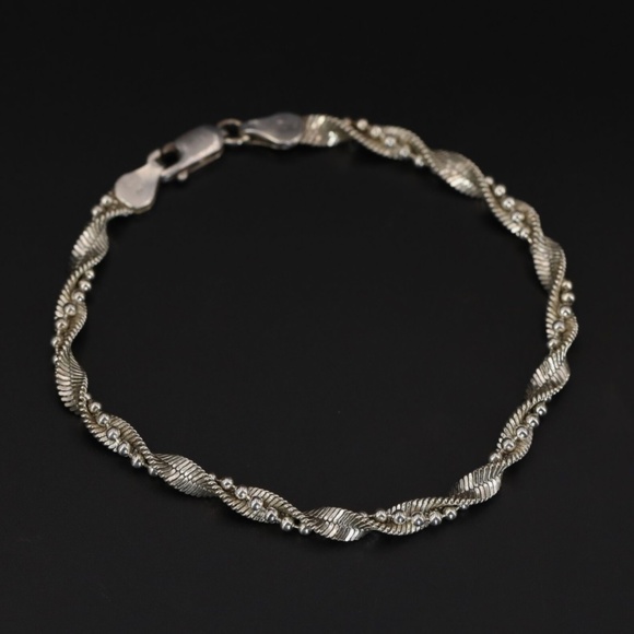 Sterling Silver Braided Ball & Herringbone Chain 7.25" Bracelet Made in Italy - Picture 2 of 5